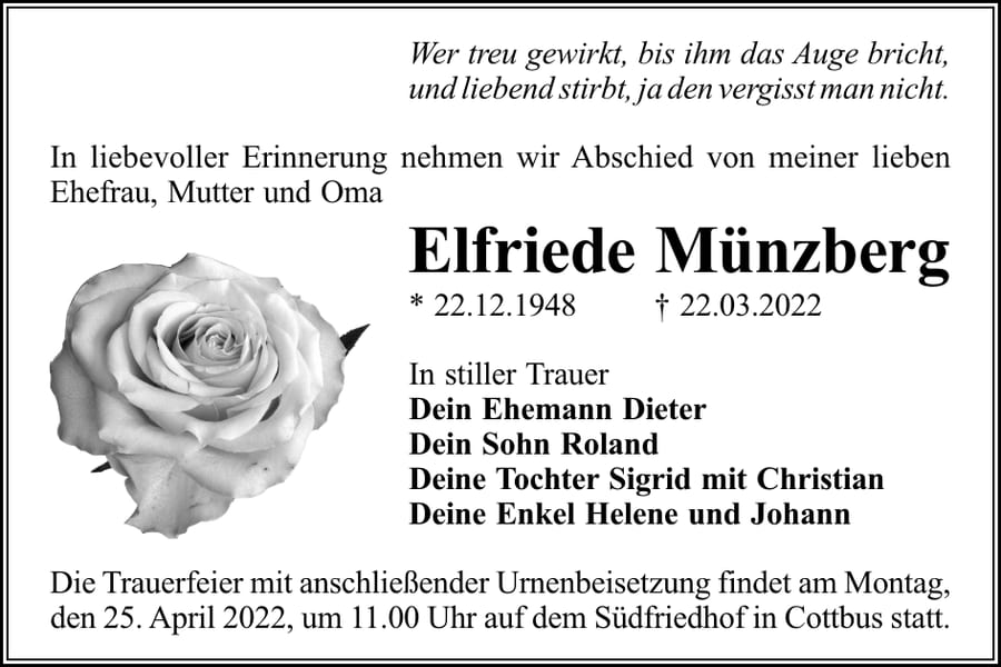 Traueranzeige Elfriede Münzberg