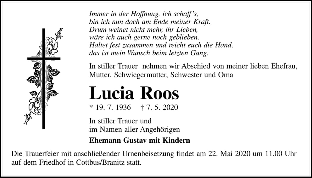 Traueranzeige Lucia Roos