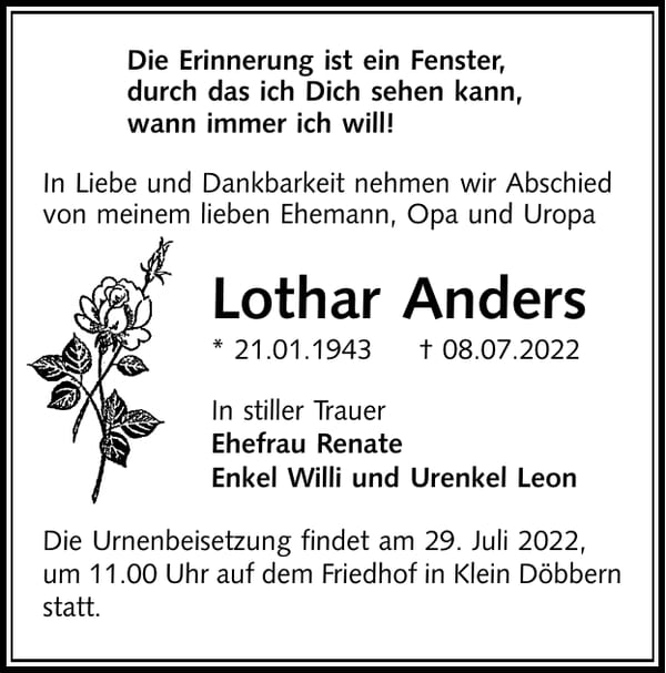 Traueranzeige Lothar Anders