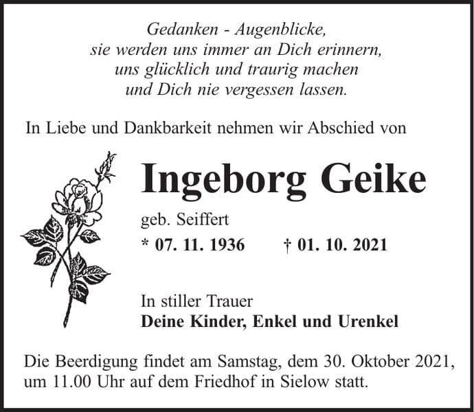 Traueranzeige Ingeborg Geike, geb. Seiffert