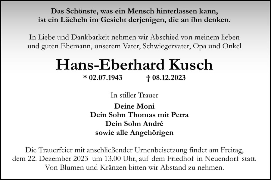 Traueranzeige Hans-Eberhard Kusch