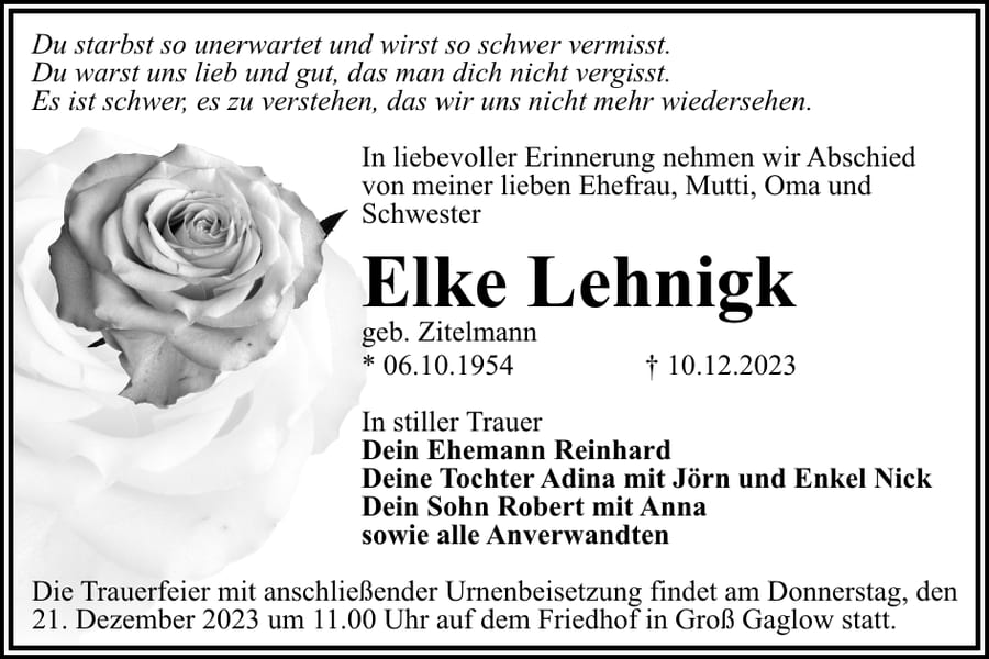 Traueranzeige Elke Lehnigk, geb. Zitelmann