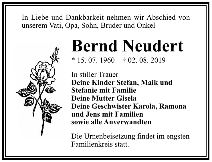 Traueranzeige Bernd Neudert