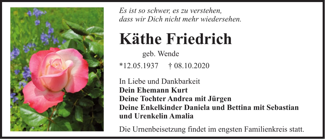 Traueranzeige Käthe Friedrich, geb. Wende