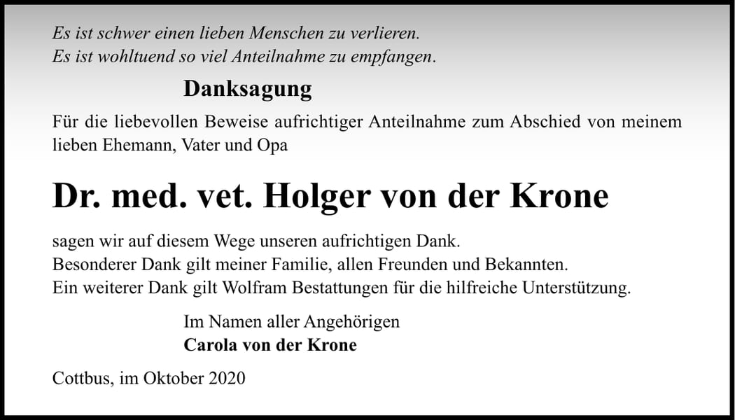 Danksagung Dr. med. vet. Holger von der Krone