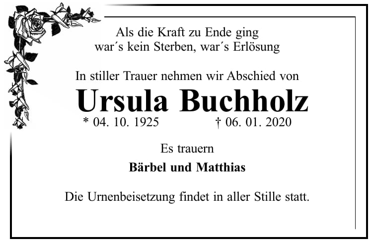 Traueranzeige Ursula Buchholz