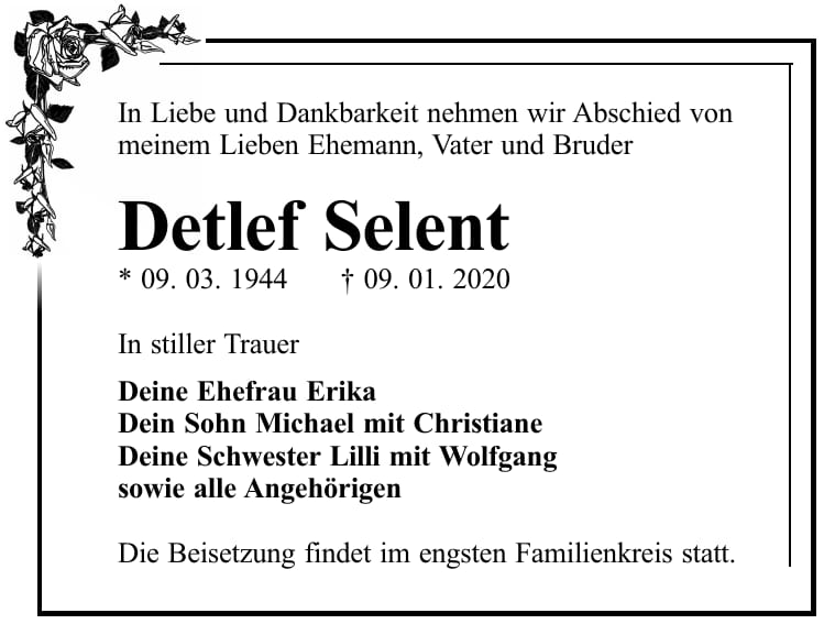Traueranzeige Detlef Selent