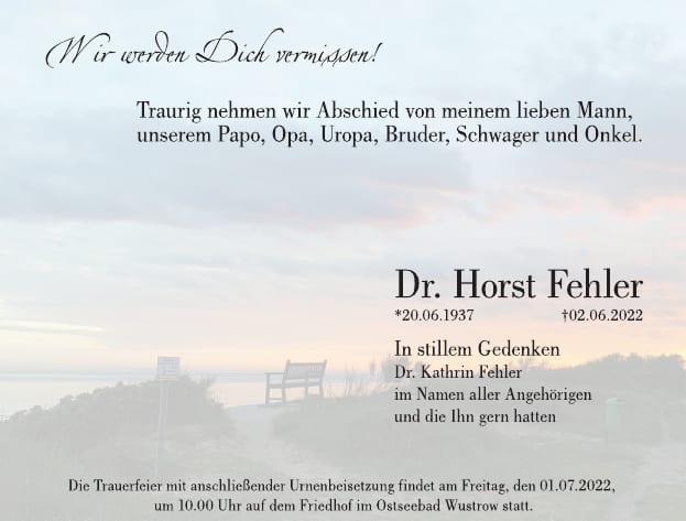 Traueranzeige Dr. Horst Fehler
