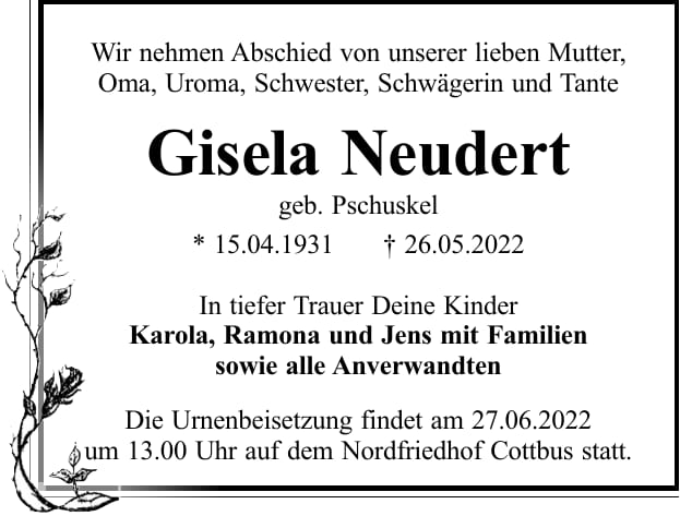Traueranzeige Gisela Neudert, geb. Pschuskel