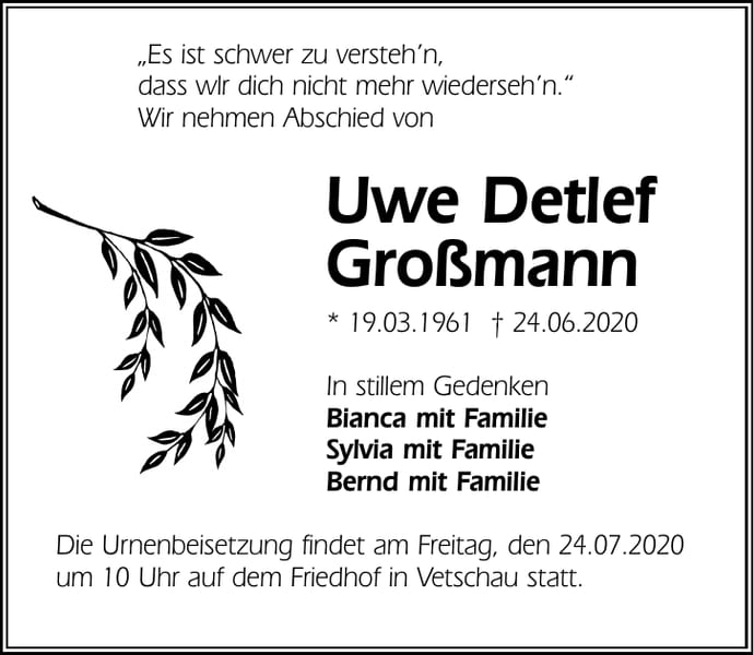 Traueranzeige Uwe Detlef Großmann