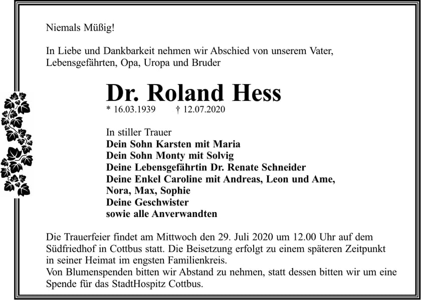 Traueranzeige Dr. Roland Hess