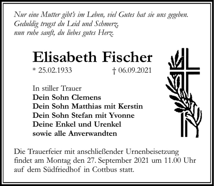 Traueranzeige Elisabeth Fischer