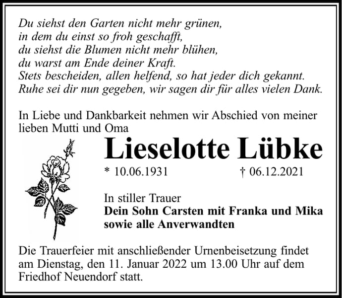 Traueranzeige Lieselotte Lübke