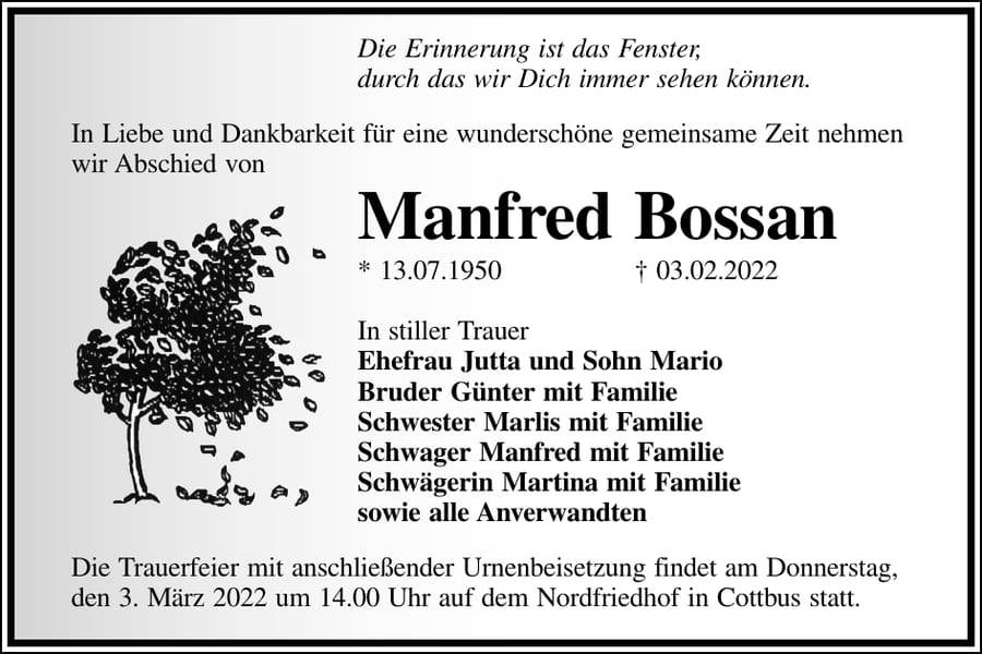 Traueranzeige Manfred Bossan