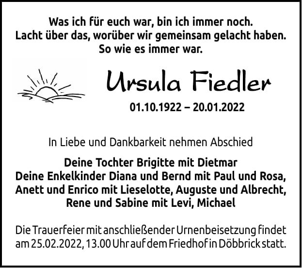 Traueranzeige Ursula Fiedler