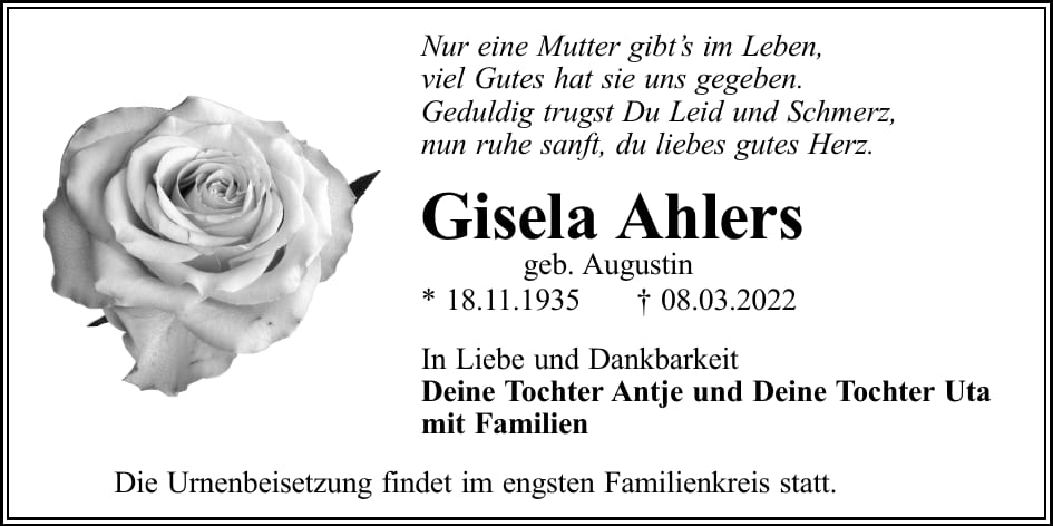 Traueranzeige Gisela Ahlers, geb. Augustin