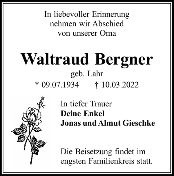 Traueranzeige Waltraud Bergner, geb. Lahr