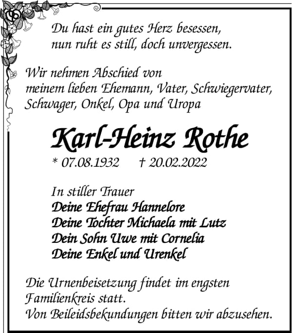 Traueranzeige Karl-Heinz Rothe