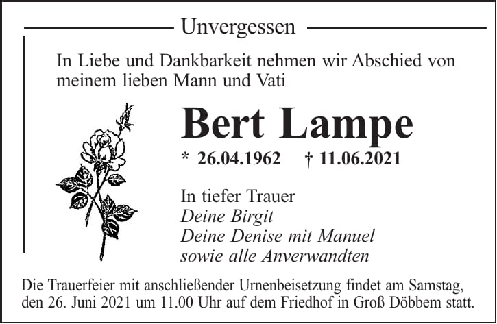 Traueranzeige Bert Lampe