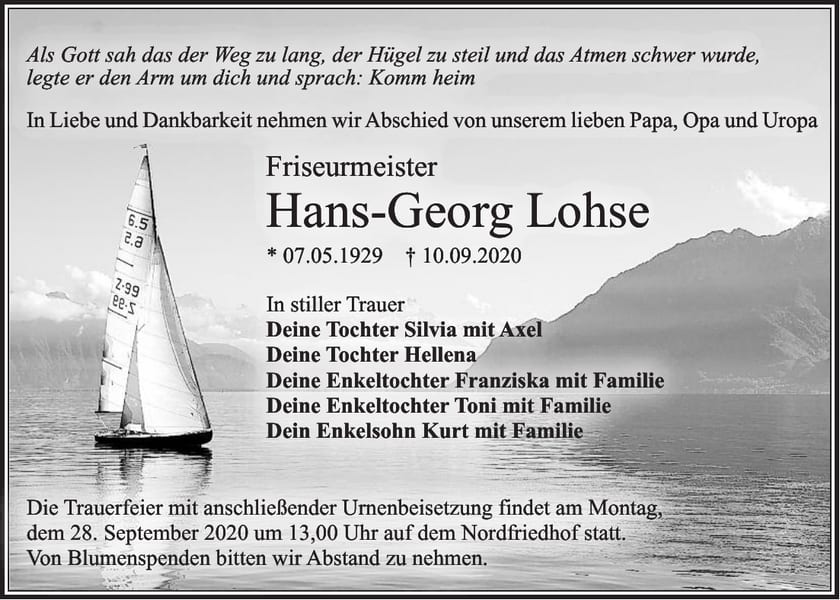Traueranzeige Hans-Georg Lohse
