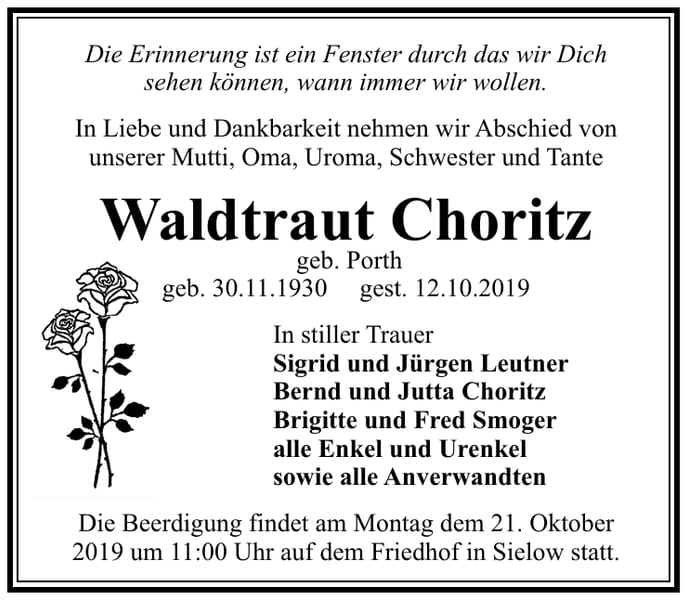 Traueranzeige Waldtraut Choritz, geb. Porth
