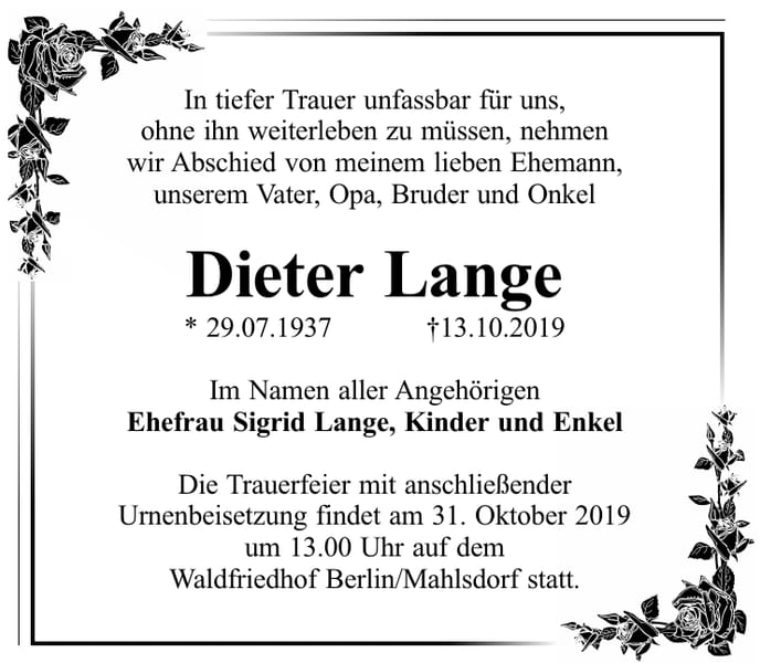 Traueranzeige Dieter Lange