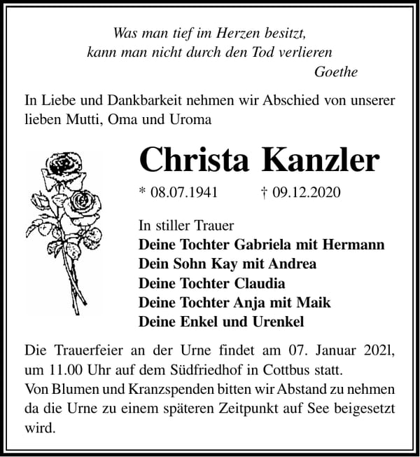 Traueranzeige Christa Kanzler