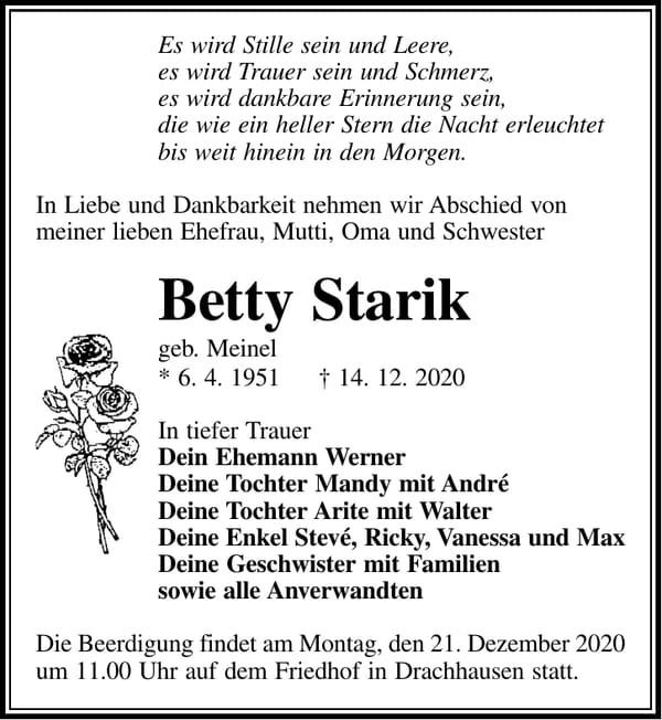 Traueranzeige Betty Starik, geb. Meinel