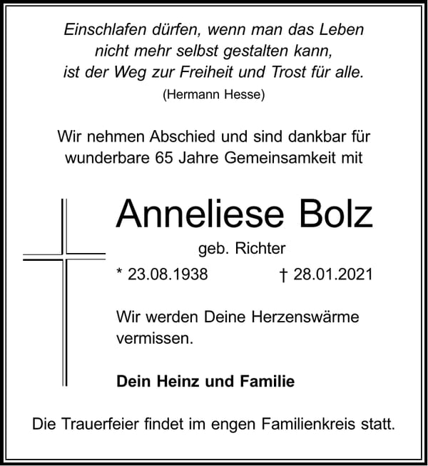 Traueranzeige Anneliese Bolz, geb. Richter