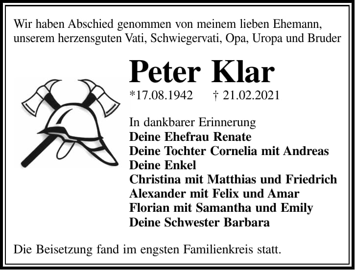 Traueranzeige Peter Klar