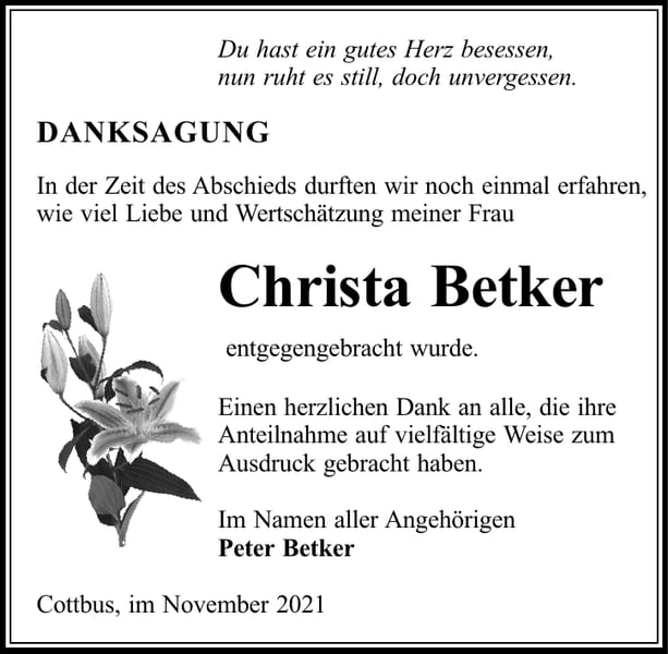Danksagung Christa Betker