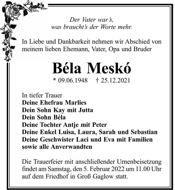 Traueranzeige Béla Meskó