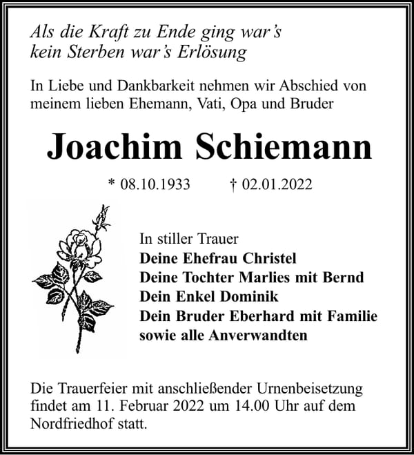 Traueranzeige Joachim Schiemann
