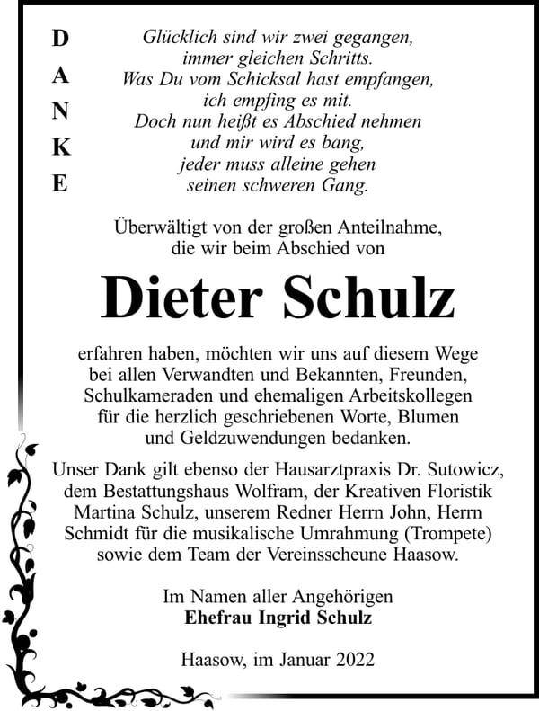 Danksagung Dieter Schulz