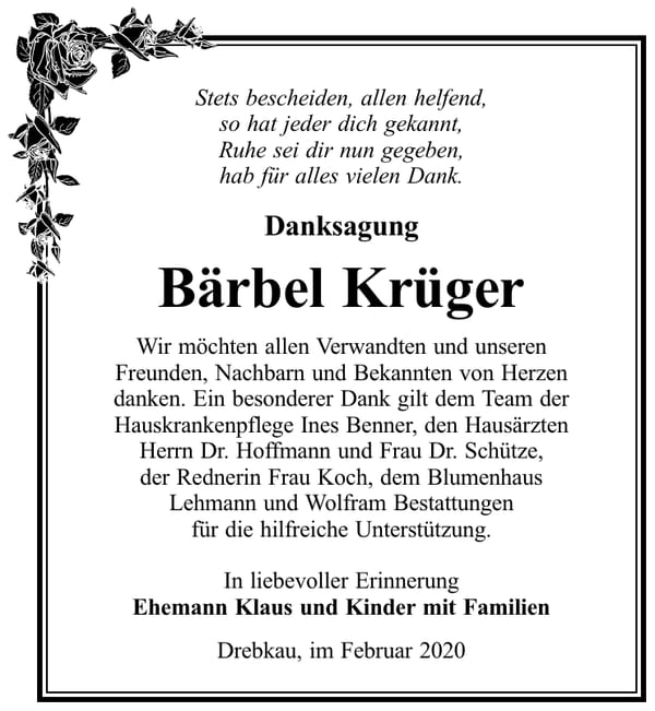 Danksagung Bärbel Krüger