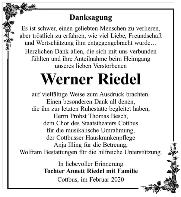 Danksagung Werner Riedel