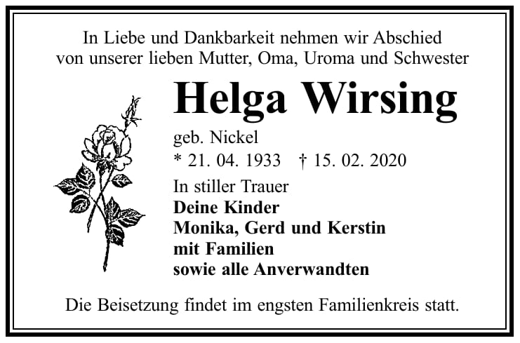 Traueranzeige Helga Wirsing, geb. Nickel