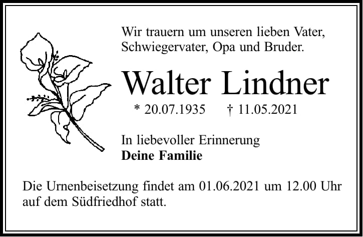 Traueranzeige Walter Lindner