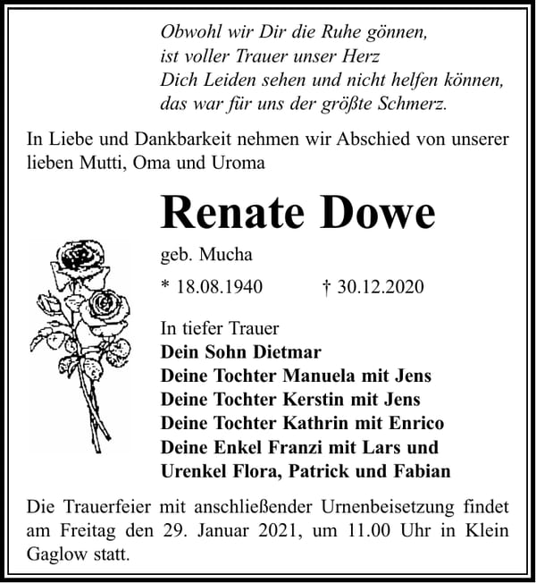 Traueranzeige Renate Dowe, geb. Mucha