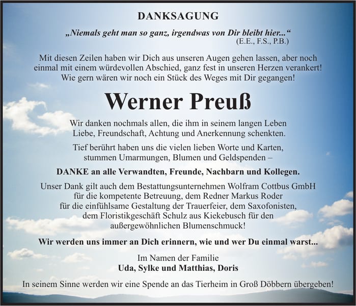 Danksagung Werner Preuß