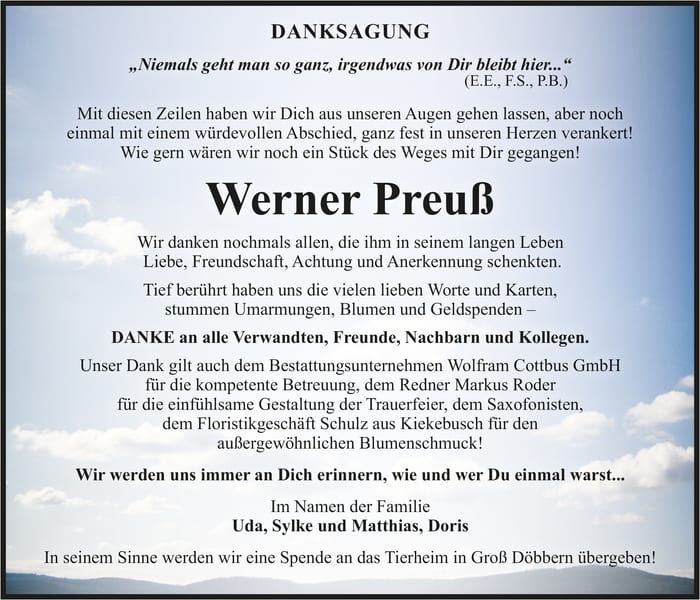 Danksagung Werner Preuß