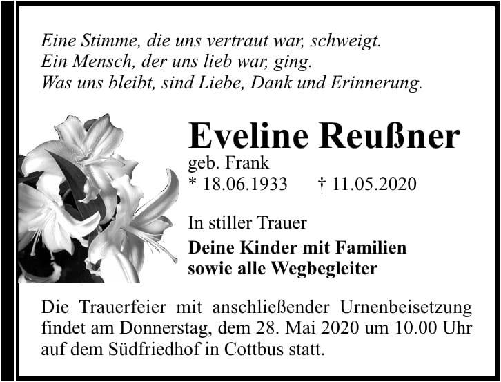 Traueranzeige Eveline Reußner, geb. Frank