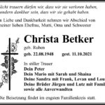 Traueranzeige Christa Betker, geb. Ruben