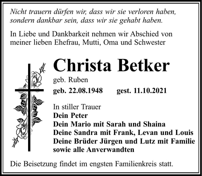 Traueranzeige Christa Betker, geb. Ruben