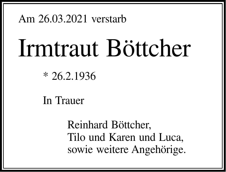 Traueranzeige Irmtraut Böttcher