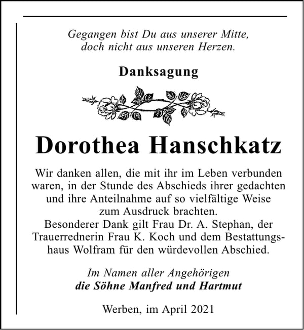 Danksagung Dorothea Hanschkatz