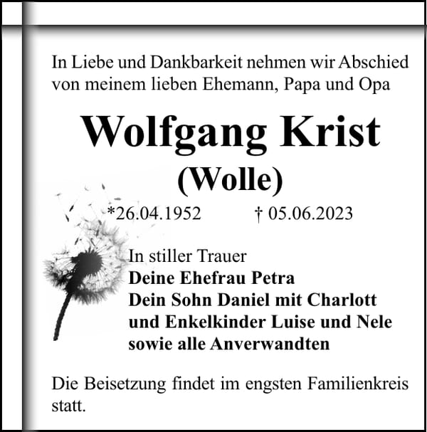 Traueranzeige Wolfgang Krist