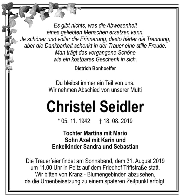 Traueranzeige Christel Seidler
