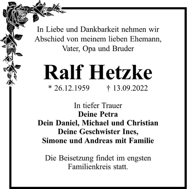 Traueranzeige Ralf Hetzke