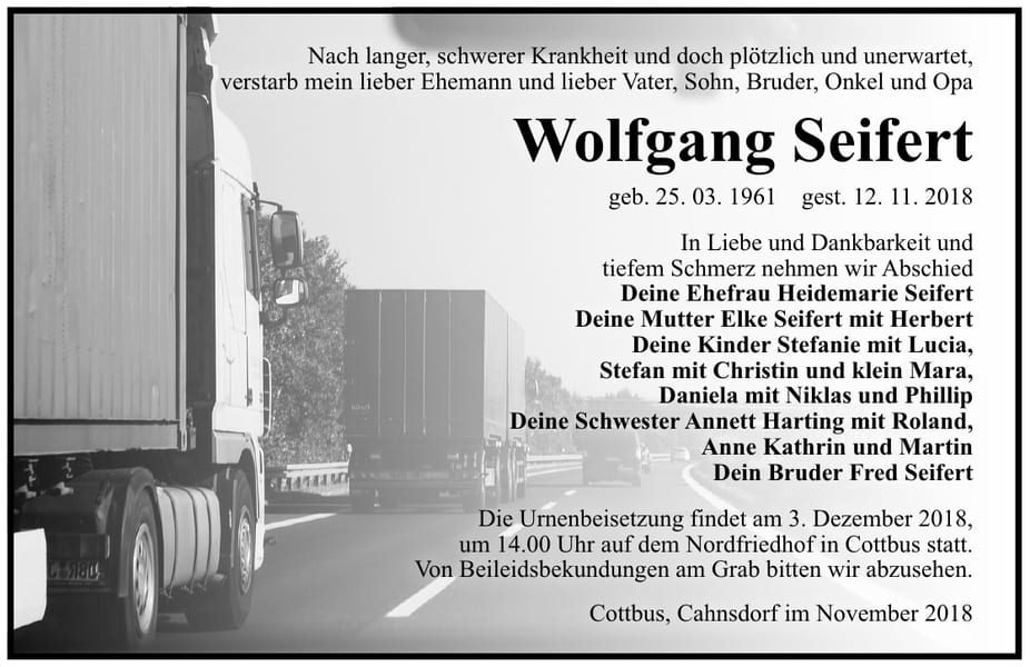 Traueranzeige Wolfgang Seifert